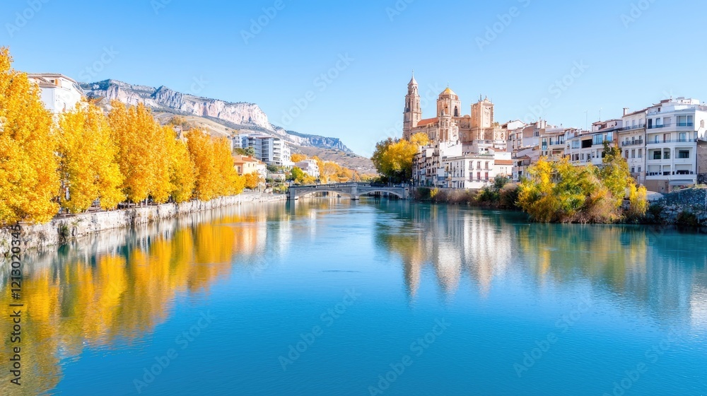 Obraz premium Autumnal River Reflecting Church and Town. Travel, Landscape Photography
