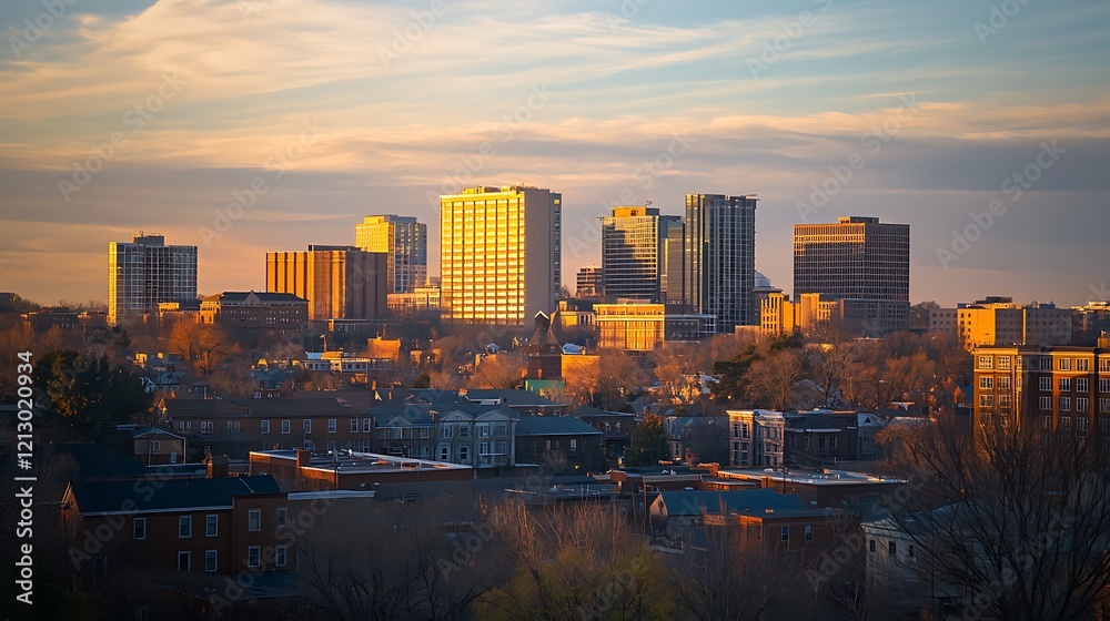 Obraz premium Golden Sunset Over City Skyline Buildings and Homes