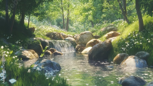 A peaceful forest stream, with smooth rocks and gentle waterfalls creating soothing sounds.  photo