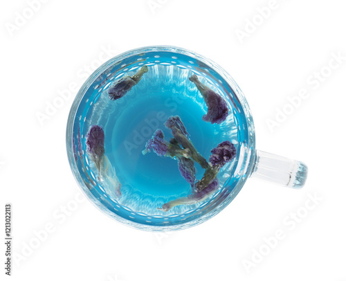Delicious butterfly pea flower tea in glass mug isolated on white, top view