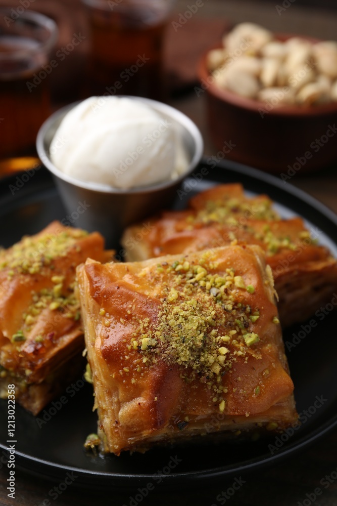 Delicious baklava with crushed nuts and ice cream on table, closeup Delicious baklava with crushed nuts and ice cream on table, closeup