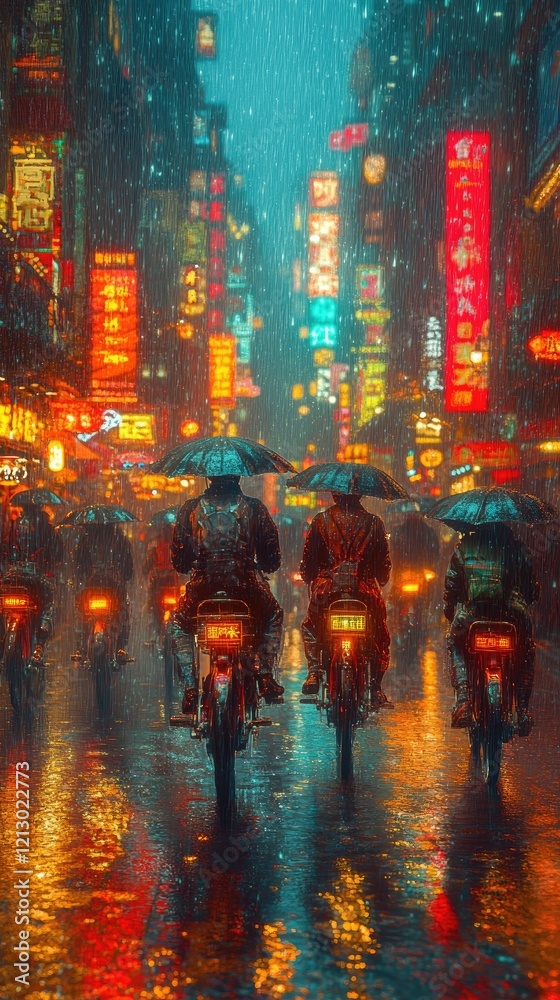 Obraz premium Rainy Night Cityscape: Motorcyclists Under Umbrellas Navigate Neon-Lit Streets, Reflecting Lights Dance on Wet Pavement, Urban Nightlife in the Rain