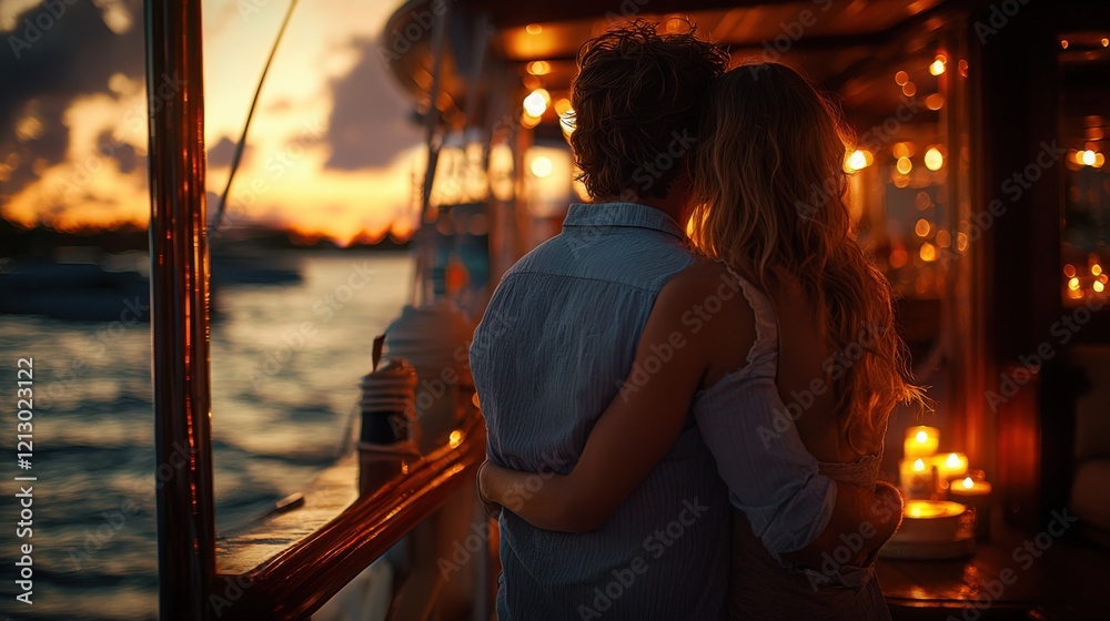 A young couple embraces during a romantic sunset boat ride, their silhouettes bathed in warm, golden light. The calm waters and soft glow create an intimate atmosphere. A young couple embraces during a romantic sunset boat ride, their silhouettes bathed in warm, golden light. The calm waters and soft glow create an intimate atmosphere.