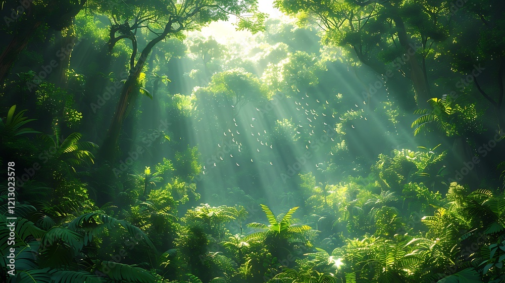 Sunlit Lush Tropical Rainforest Canopy With Birds Sunlit Lush Tropical Rainforest Canopy With Birds