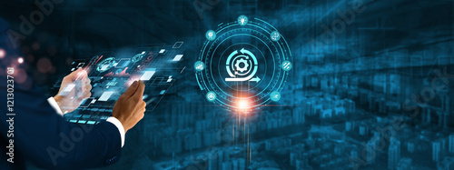 Agile: Businessman holding virtual interface panel of digital device on global networking, flexibility, collaboration, iteration, and adaptive technology in futuristic.