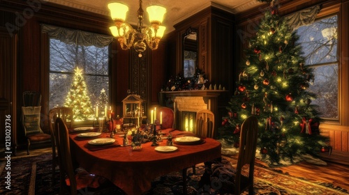 Wallpaper Mural A Christmas dinner setting with a large decorated Christmas tree and a fireplace. Torontodigital.ca