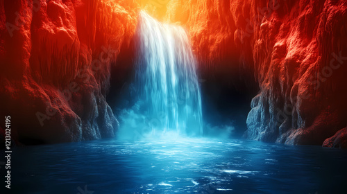 Wallpaper Mural Glowing cavern waterfall in a fantasy world with blue water and red lava. Lava Caves. Illustration Torontodigital.ca