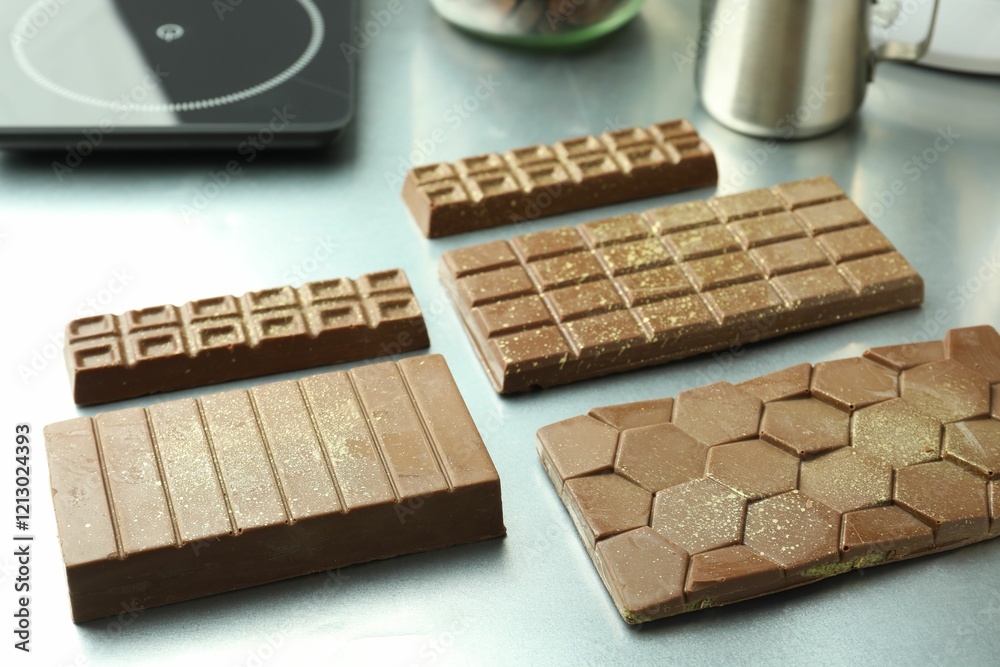 Different tasty Dubai chocolate bars with pistachios and knafeh on grey table