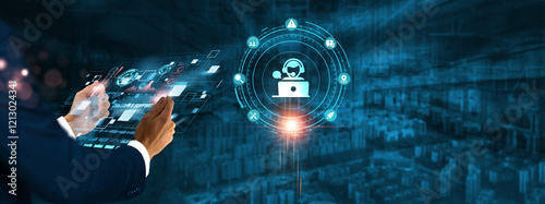 Customer Support: Businessman holding virtual interface panel of digital device on global networking, service, assistance, interaction, communication, and support technology in futuristic......... photo