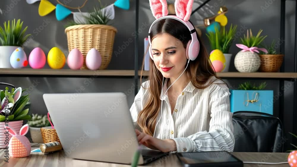 Young woman wearing bunny ears and headphones focuses on her laptop in a cheerful room adorned with vibrant spring decorations and Easter eggs. She enjoys a productive session.