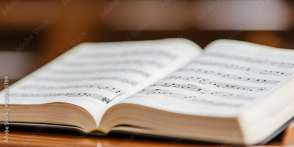 Fototapeta premium Open book displaying musical sheet music. Close-up view of notes and musical notation on the pages.