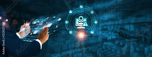 Technical Support: Businessman holding virtual interface panel of digital device on global networking, troubleshooting, assistance, solutions, customer service, and technology in futuristic.