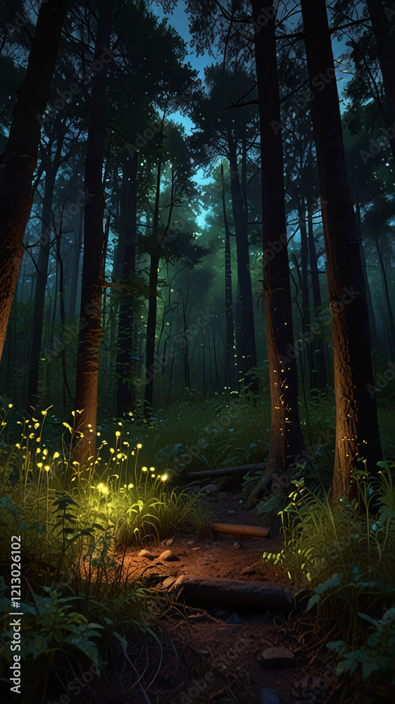 Obraz premium Enchanted forest glowing with fireflies.