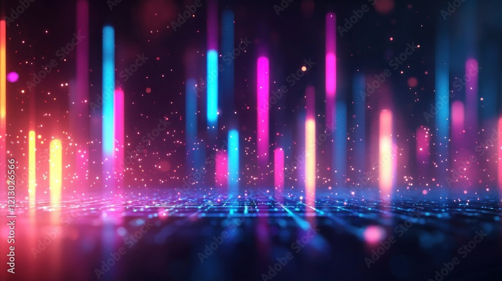Fototapeta premium Neon light trails falling on grid floor, dark background, digital art backdrop.
