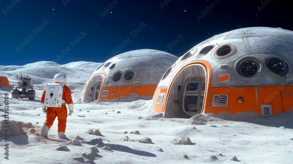 Astronaut exploring futuristic lunar habitat modules on the Moon