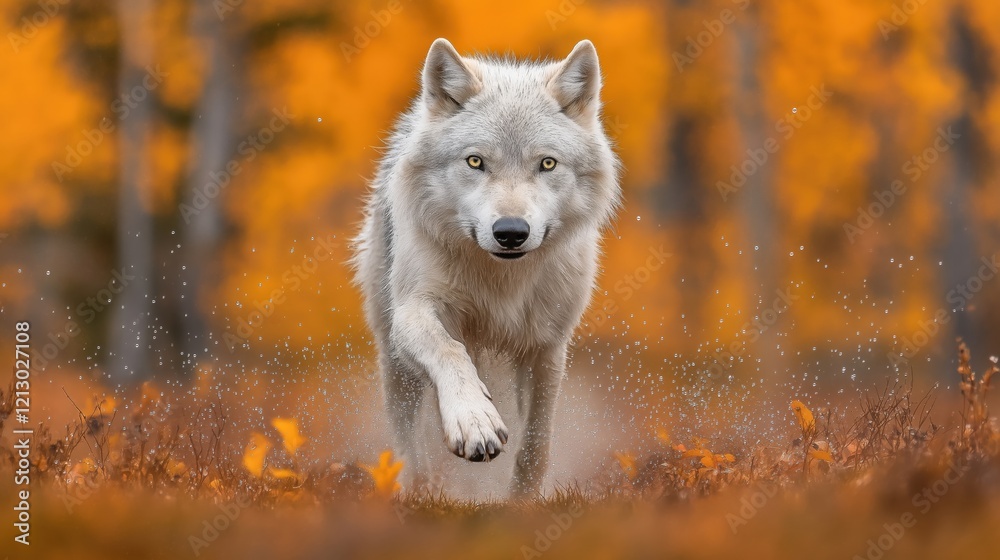 Obraz premium A dynamic wildlife photograph of a wolf , droplets of dew flying through the air, with focus on the wolf and blurred motion in the background, photorealistic.