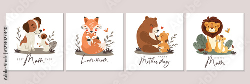 Mom and baby animals invitation, mother day cards, cute animals