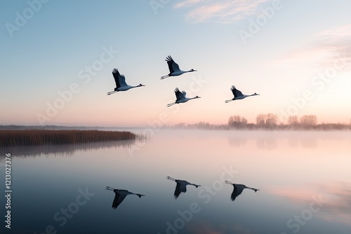 group of cranes flying over misty wetland at dawn their silhouettes reflecting in still water below