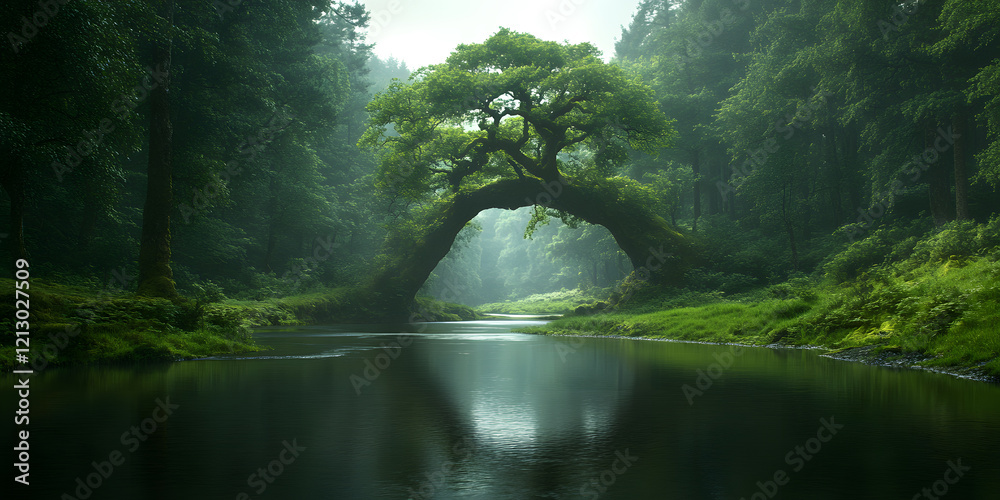 Obraz premium Serene river flows under a majestic, arching tree in a lush green forest. Tranquil nature scene.