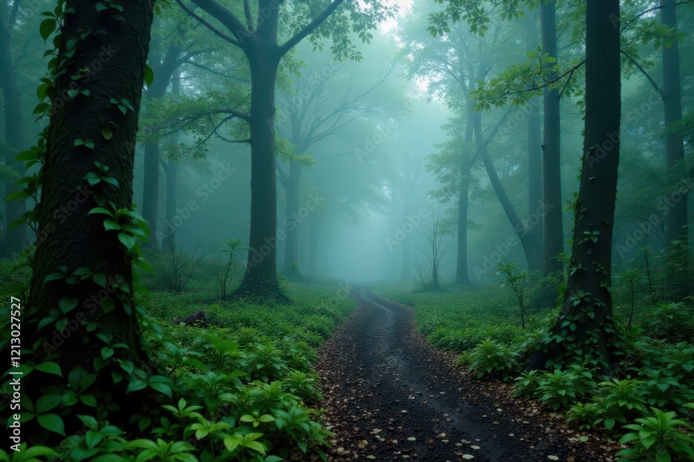 Obraz premium Misty forest trail winding through dense foliage, fog, nature, mist