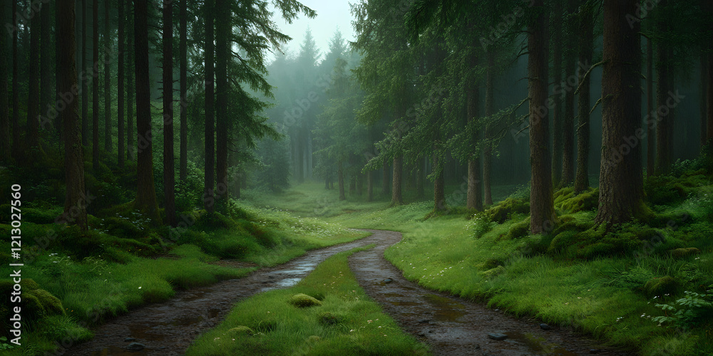Obraz premium Misty forest path winding through lush greenery. A tranquil scene perfect for nature lovers.