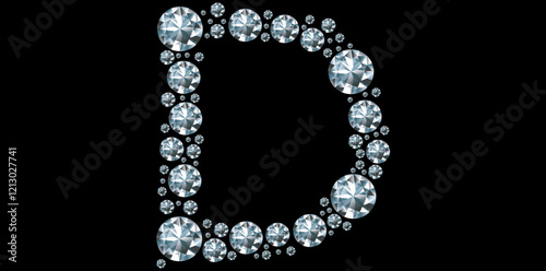 Silver Rhinestone Diamonds Alphabet Letter D Luxury Text Design Vector Illustration, Capital Diamonds Letter D On Black Background.	