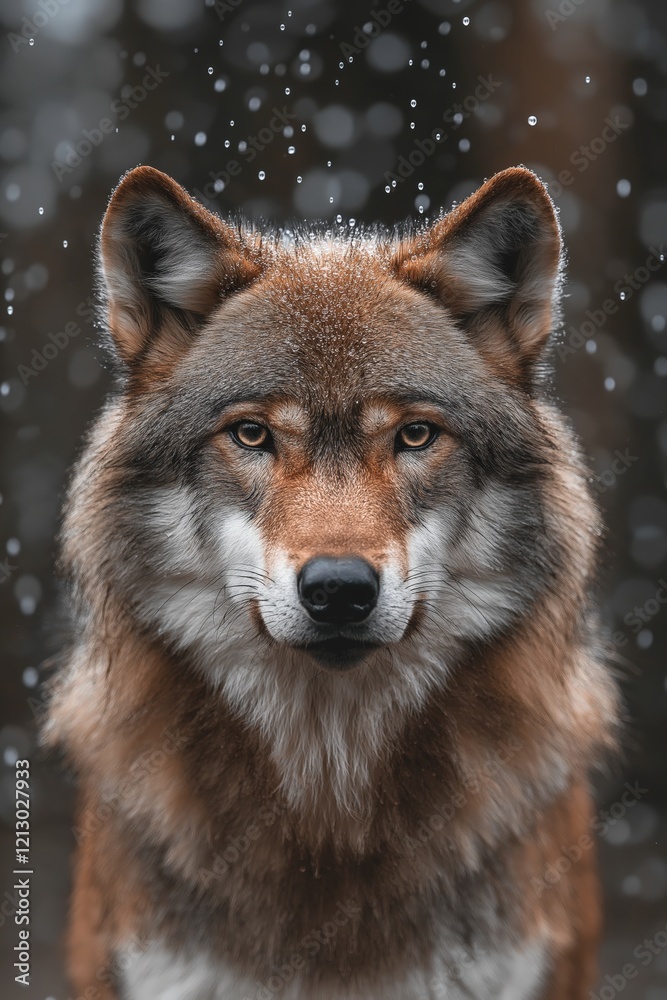 Fototapeta premium A dynamic wildlife photograph of a wolf , droplets of dew flying through the air, with focus on the wolf and blurred motion in the background, photorealistic.
