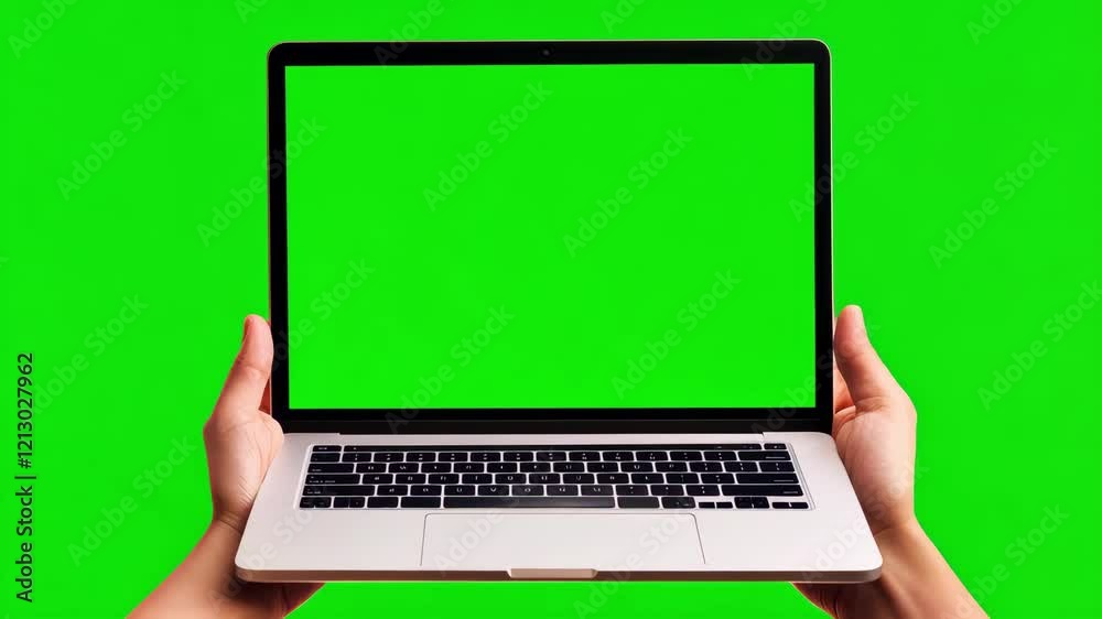 Two hands present a laptop with a green screen against a green screen background, ideal for digital editing or virtual presentations. Perfect for content creators and designers. Two hands present a laptop with a green screen against a green screen background, ideal for digital editing or virtual presentations. Perfect for content creators and designers.