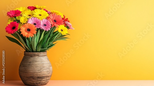 Wallpaper Mural Vibrant Gerbera Daisy Bouquet in Rustic Vase, Yellow Background Torontodigital.ca