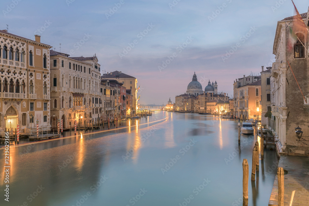 Naklejka premium 28 November 2015 Venice, italy, Canal grande with historical houses, gondole traditional boats and st may of health Basilica in background