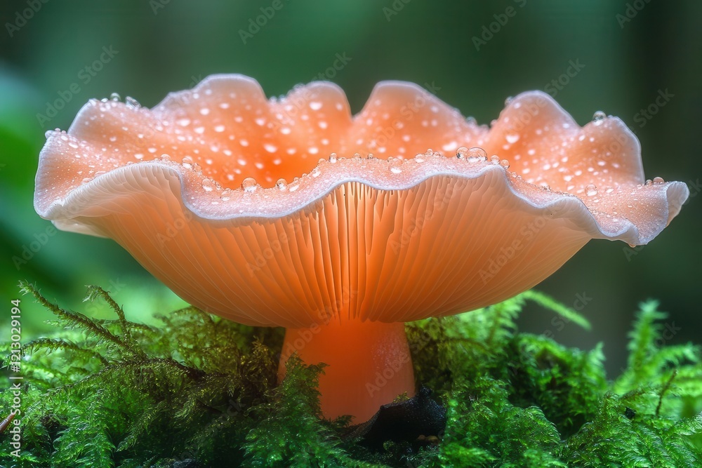 ethereal macro photograph of a delicate pink oyster mushroom dusted with morning dew nestled in emerald moss backlit by soft forest light ethereal macro photograph of a delicate pink oyster mushroom dusted with morning dew nestled in emerald moss backlit by soft forest light