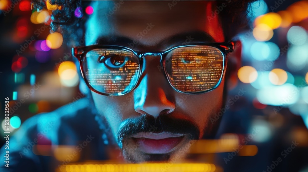 Focused Programmer Analyzing Code Reflections in Glasses Amidst Vibrant City Lights Focused Programmer Analyzing Code Reflections in Glasses Amidst Vibrant City Lights