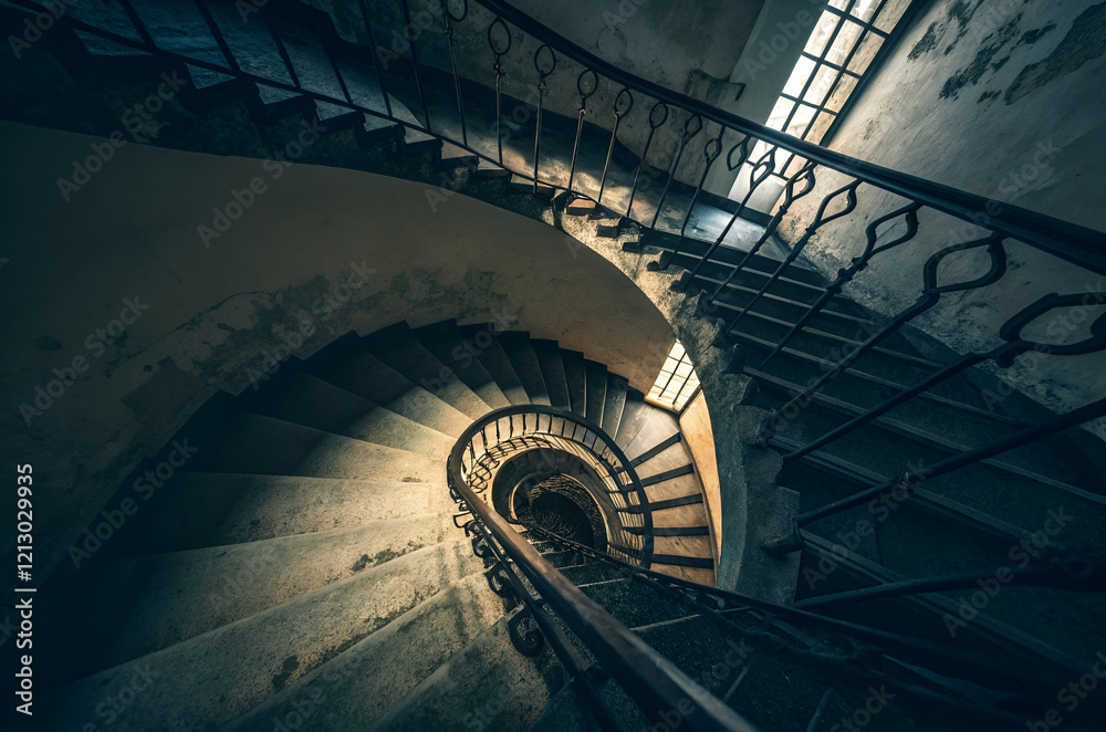 Fototapeta premium A captivating spiral staircase leads downwards, showcasing intricate railings and soft lighting in a rustic, atmospheric setting.