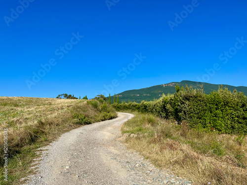 Country road in Tuscany, Italy. Near towns Cetona and Piazze. Mountains photo