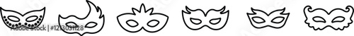 Different Mask silhouette isolated on transparent background Masquerade vector for apps or web party superhero carnival villain or burglar icon in line set. costume eye mask hidden person face