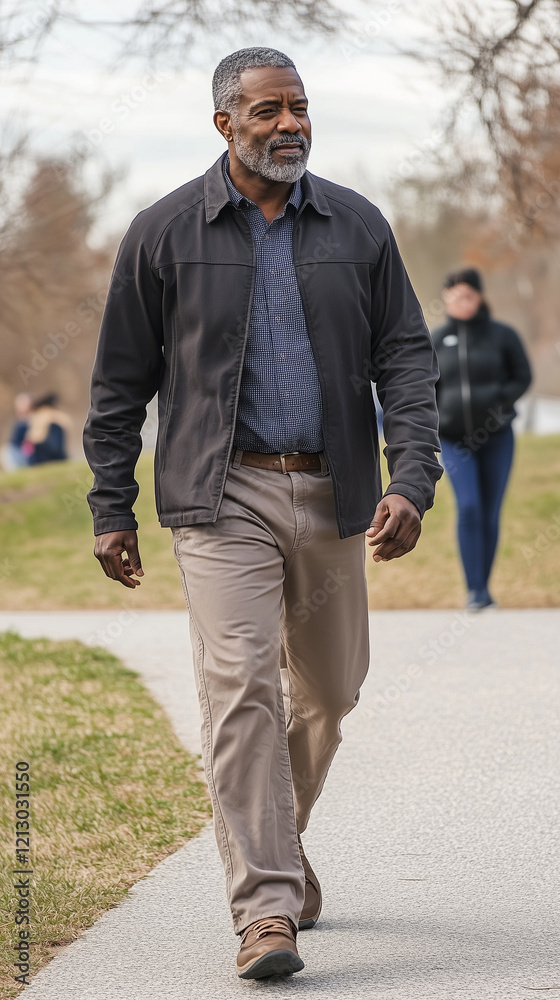 Obraz premium Aging black african american man, walking on a walking trail, exercise outdoors, some other people in background. Elderly black man in good health, walking or jogging outdoors. Senior, elderly black m