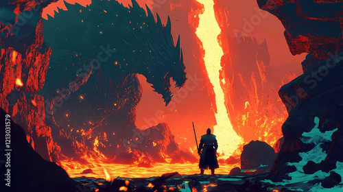 A knight confronts a massive dragon in a fiery cave filled with molten lava during a mythical battle in an ancient realm. lava kingdom. illustration. Lava Caves. Illustration photo