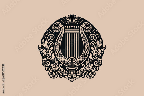 Antique lyre with decorative details, black vector engraving emblem
