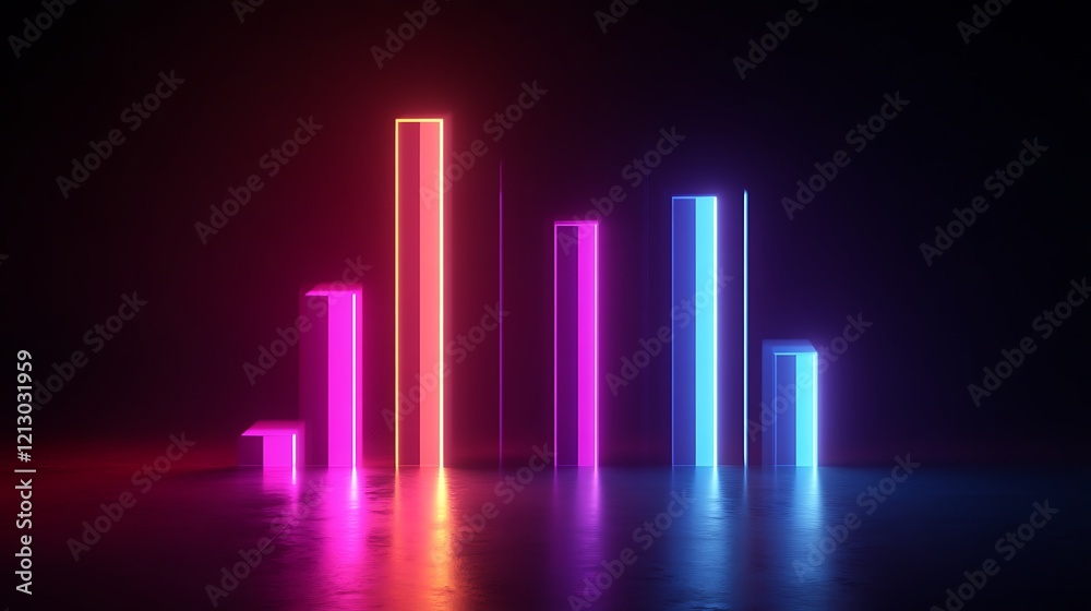 Financial growth depicted in a digital bar graph with bright neon lights