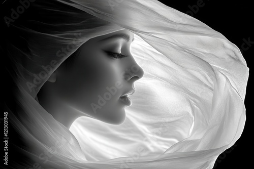 ethereal portrait of woman in flowing white fabric emerging from shadows high contrast black and white photography
