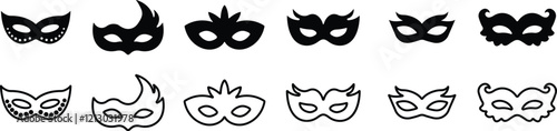 Different Mask silhouette isolated on transparent background Masquerade vector for apps or web party superhero carnival villain or burglar icon in flat, line set. costume eye mask hidden person face