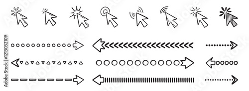 Doodle click icon and hand drawn arrows set. Doodle line mouse cursor.