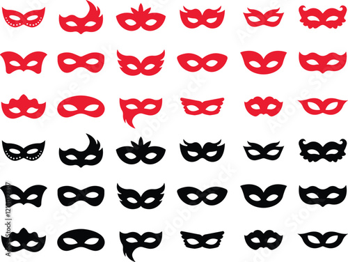 Different Mask silhouette isolated on transparent background Masquerade vector for apps or web party superhero carnival villain or burglar icon in flat set. costume eye mask hidden person face