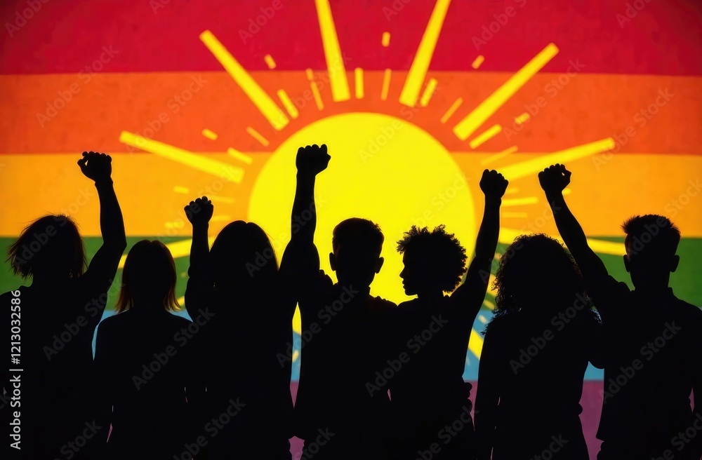 Illustration. Silhouettes of people raising their hands in fists against the background of a rainbow flag. Protest concept. Illustration. Silhouettes of people raising their hands in fists against the background of a rainbow flag. Protest concept.