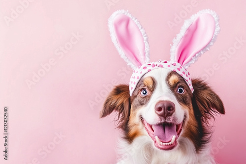 Cute Australian Shepherd dog with pink bunny ears, Easter theme dog photo, pink background photo