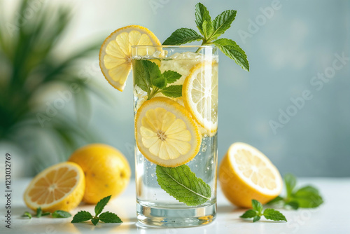 Glass of lemon water with mint leaves, a refreshing drink for summer, detox drink and healthy beverage