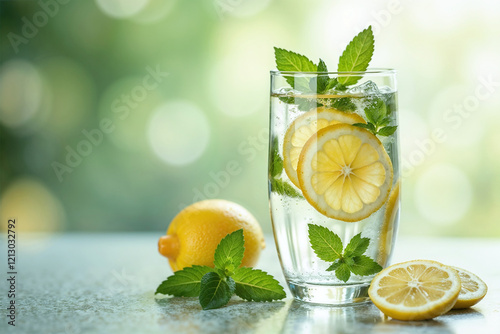 Glass of lemon water with mint leaves, a refreshing drink for summer, detox drink and healthy beverage