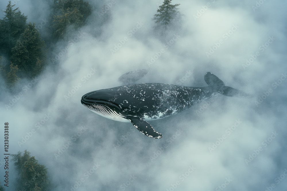 Fototapeta premium Surreal Whale Floating Through Misty Forest Landscape
