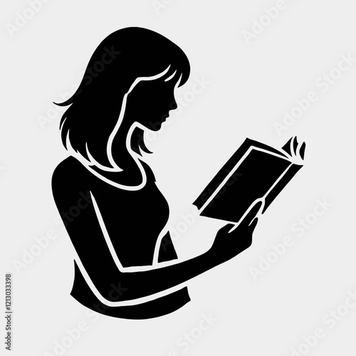  Woman Reading a Book Silhouette in black on a white background