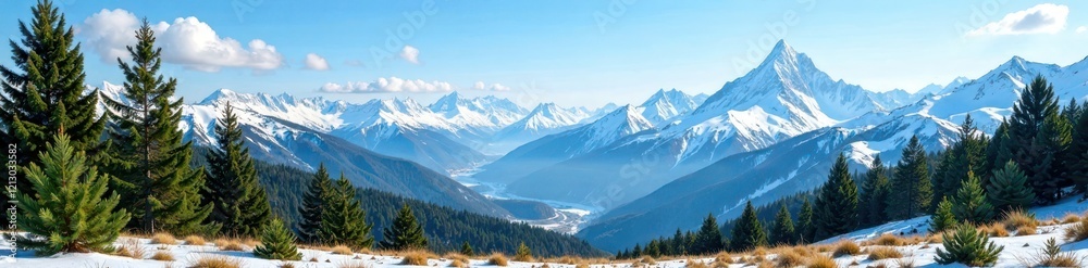 Pine trees and snow-covered Tatra mountains under a clear blue sky, forest backdrop, clear blue sky, pine trees Pine trees and snow-covered Tatra mountains under a clear blue sky, forest backdrop, clear blue sky, pine trees